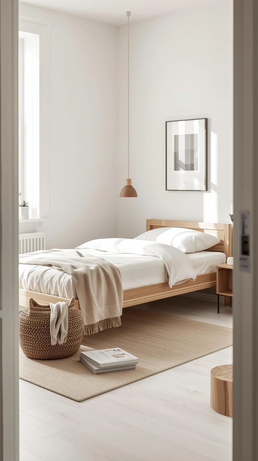 Minimal wooden twin bed in a small bright room with white bedding and light oak frame, showing cozy and natural twin bed ideas for small room.
