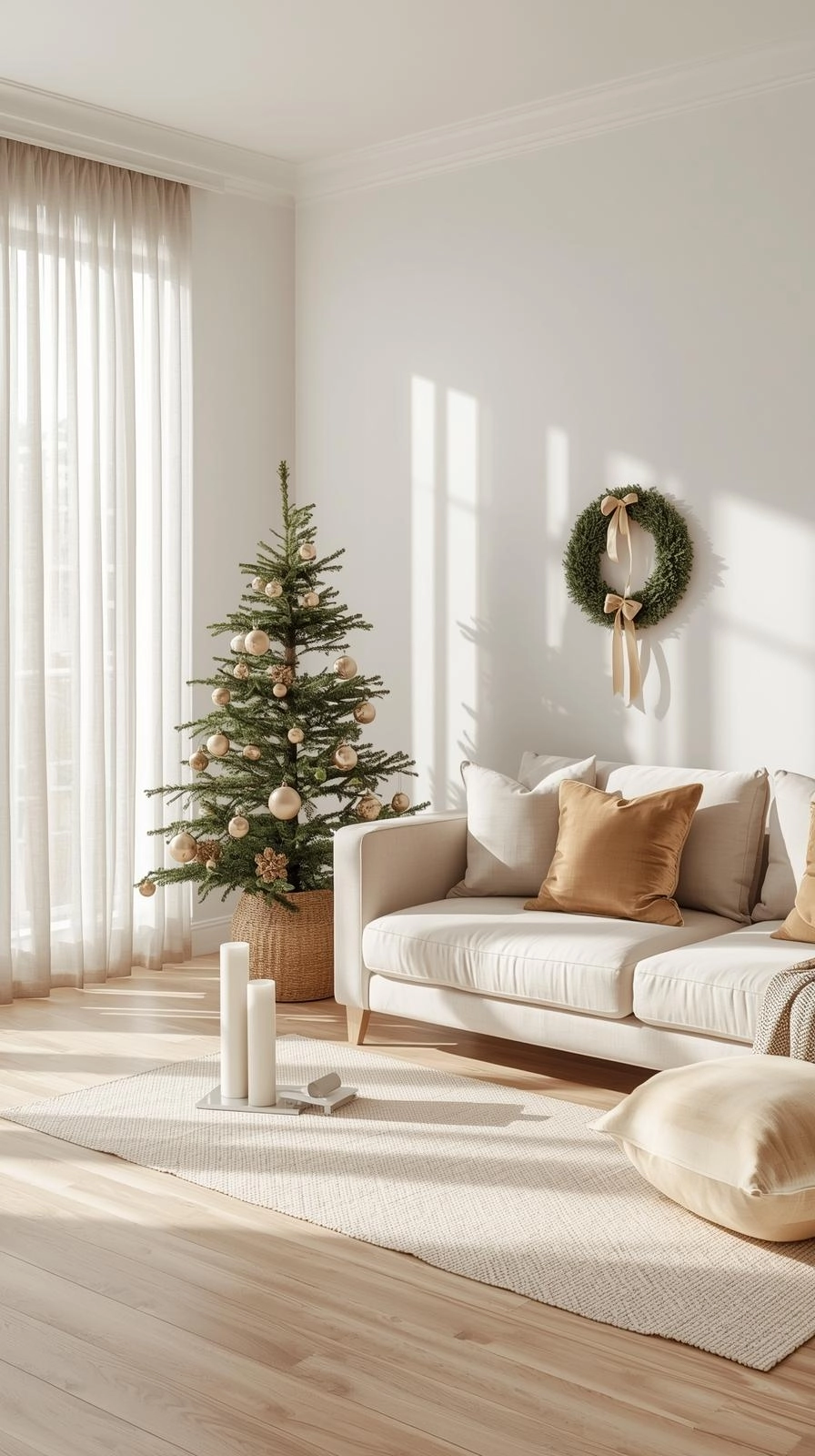 Minimalist Christmas decor with soft gold accents on a neutral background for a simple, balanced holiday look.