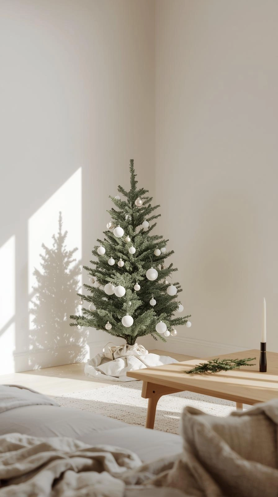 Minimalist Christmas decor in a calm living room with open space, simple tree, and soft natural lighting.