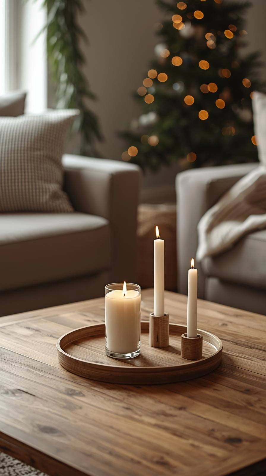 Grouped white and beeswax candles in glass holders creating a warm minimalist Christmas decor setup.