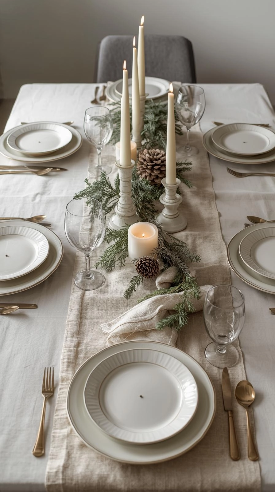 Minimalist Christmas table settings with simple candles, heirloom plates, and subtle greenery for a peaceful, meaningful holiday look.