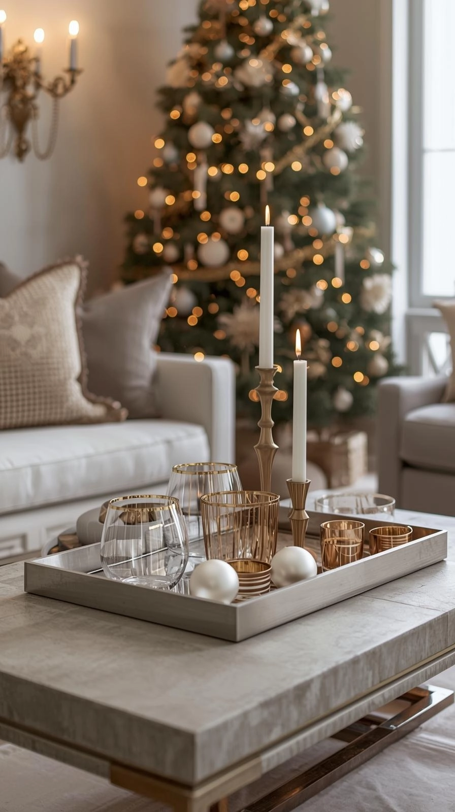 Elegant Christmas decor featuring mixed metallics with silver, gold, and bronze accents in a calm, classy holiday setting.