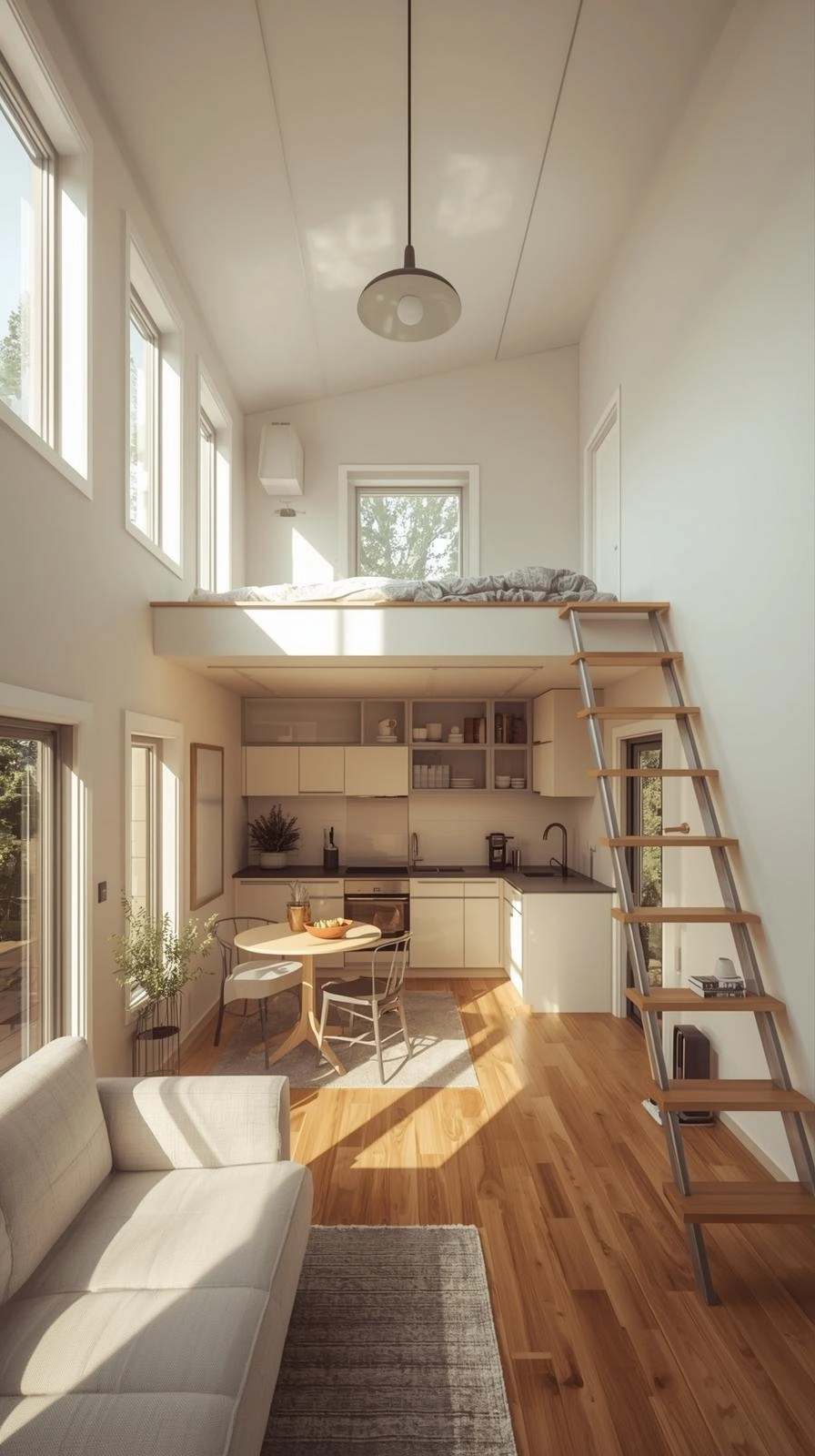 Bright open-plan 1 bedroom granny flat featuring a studio layout with mezzanine loft for storage or sleeping space.