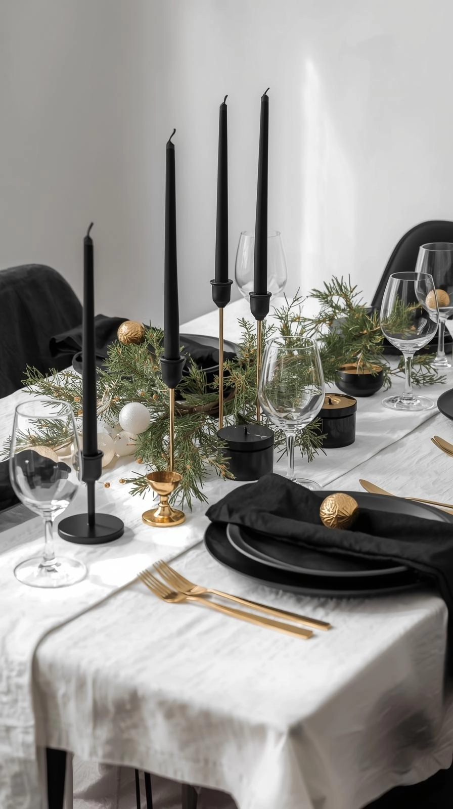 Modern black and white Christmas table settings with candles, greenery, and minimal decor for a fresh festive look.