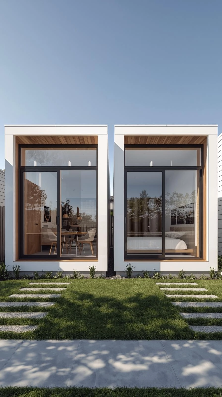 Contemporary 1 bedroom granny flat plan with two offset modular boxes connected by a central passage for light and space.