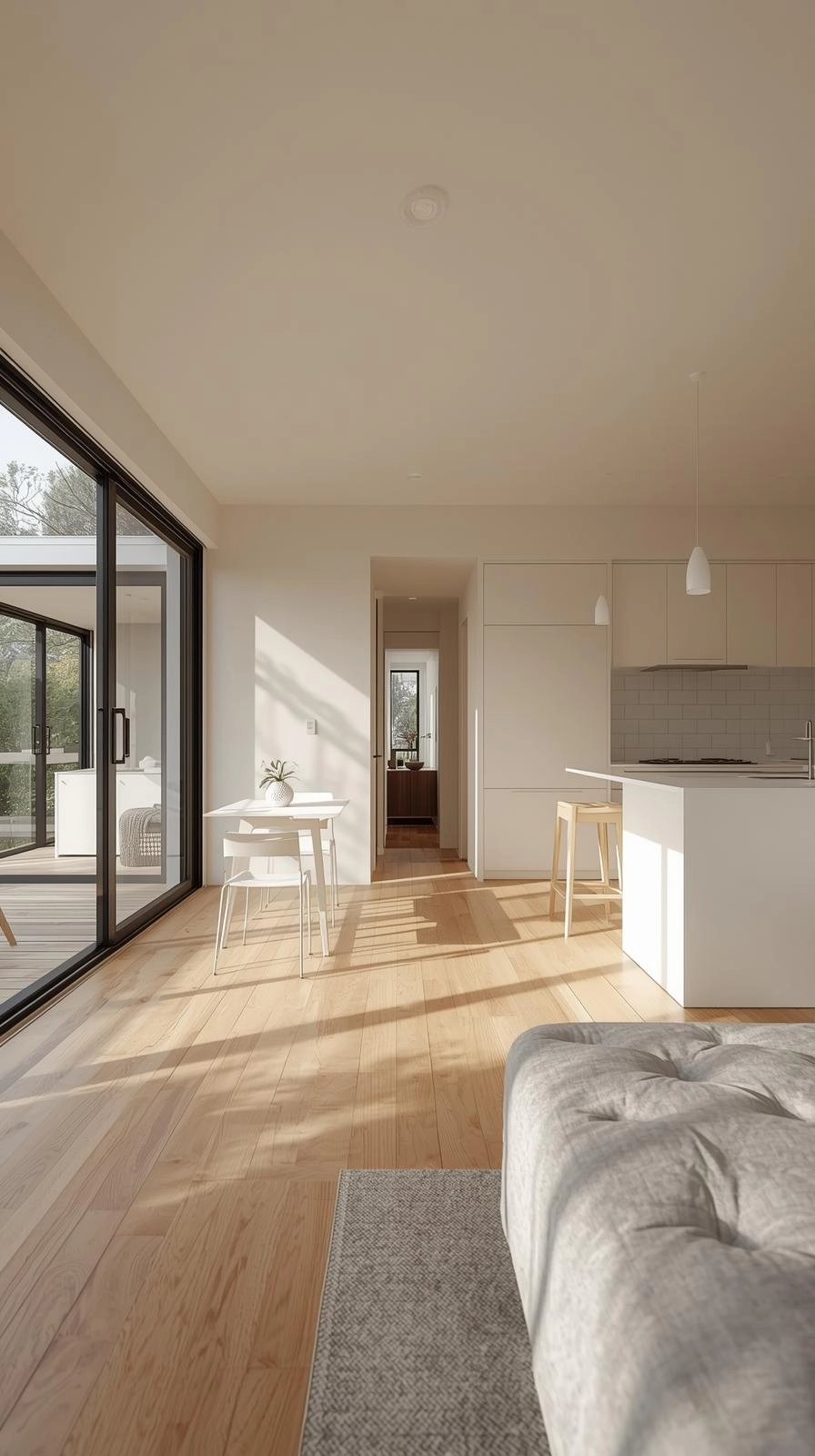 Modern open-flow 1 bedroom granny flat interior with kitchen, dining area, and private bedroom wing.