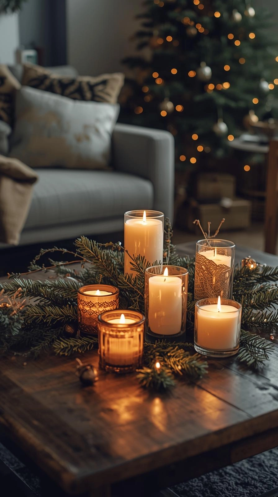 Natural Christmas decor with beeswax candles and soft lighting creating a warm, peaceful holiday atmosphere in a cozy living room.
