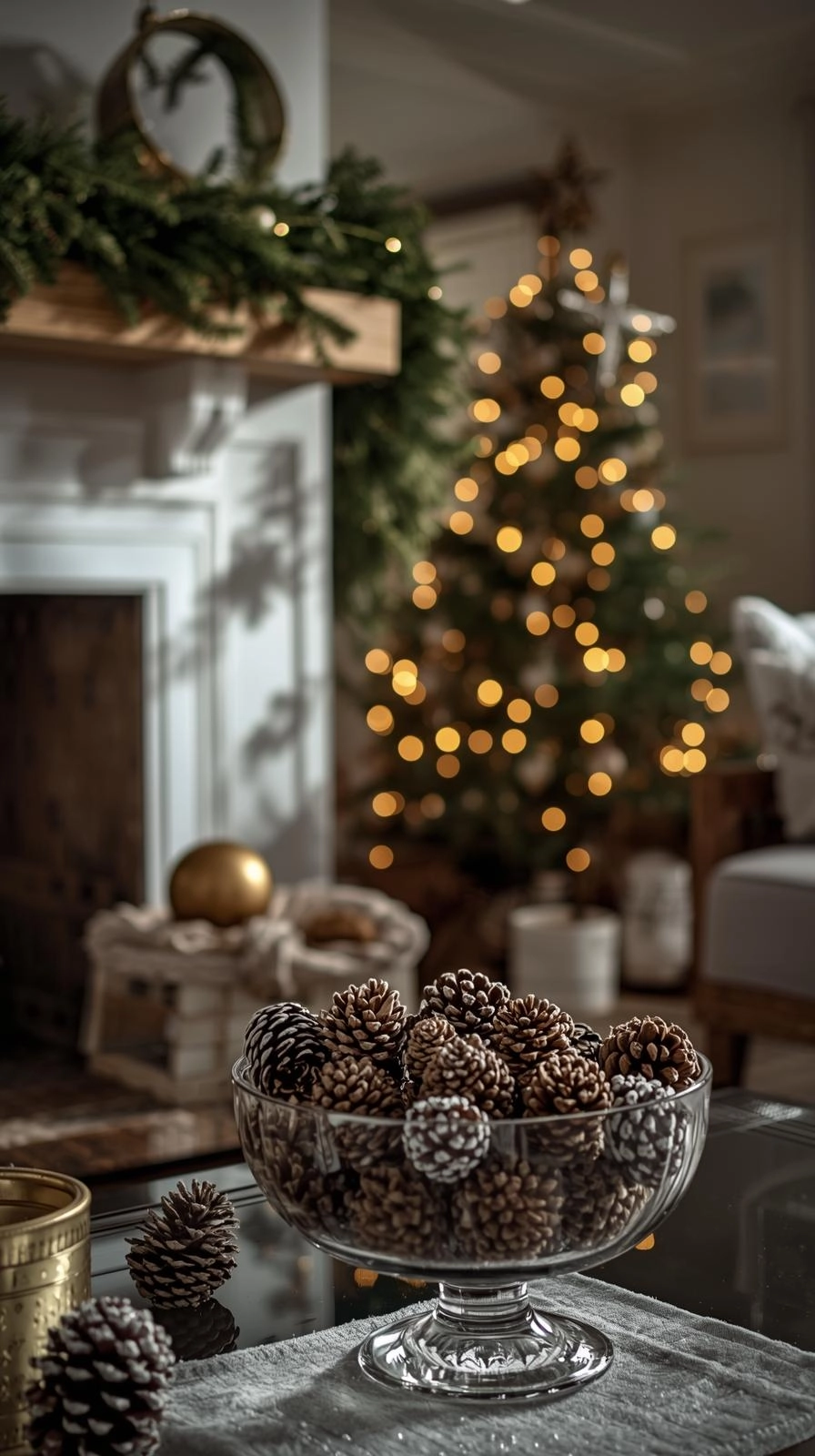 Natural Christmas decor with pinecones and simple accents on shelves, tables, and tree branches in a cozy living room.