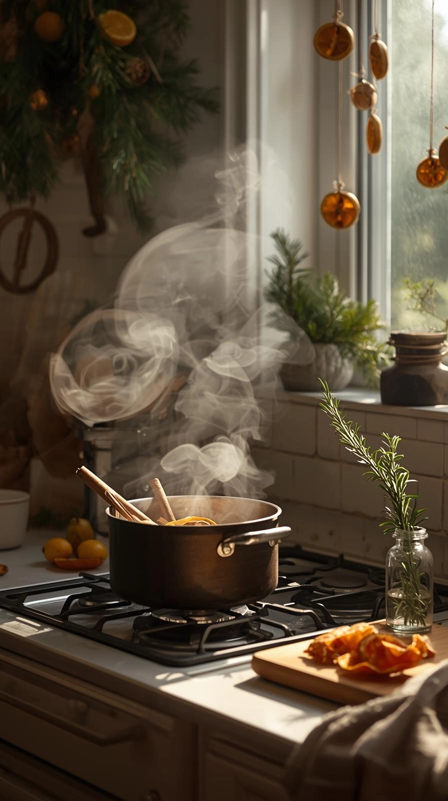 Natural Christmas decor with cinnamon, orange, and cloves simmering in a cozy kitchen filled with fresh, festive scents.