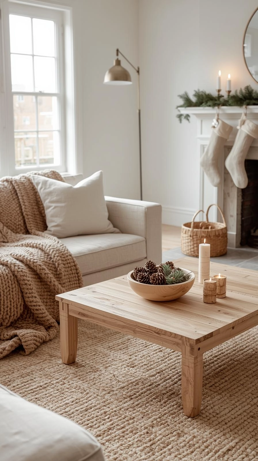 Minimalist Christmas living room with wool throws, wooden decor, and natural textures creating a warm, timeless holiday feel.