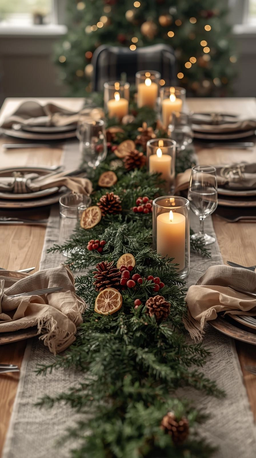 Natural Christmas decor featuring a dining table centerpiece made with greenery, pinecones, candles, and dried citrus.