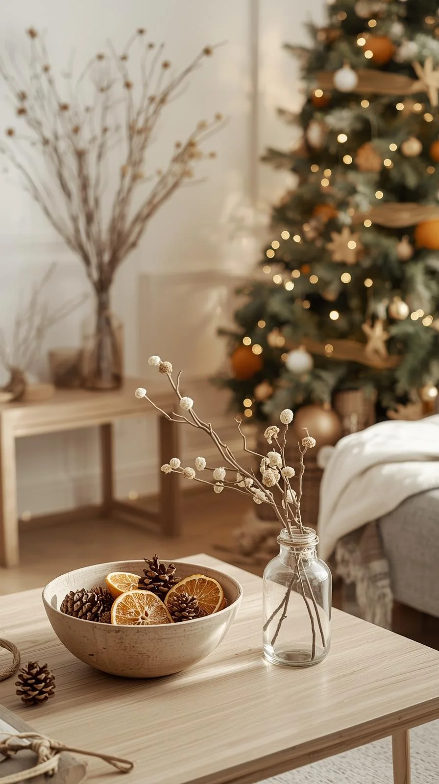Minimalist Christmas decor with pinecones, dried oranges, and natural elements creating a simple organic holiday look.