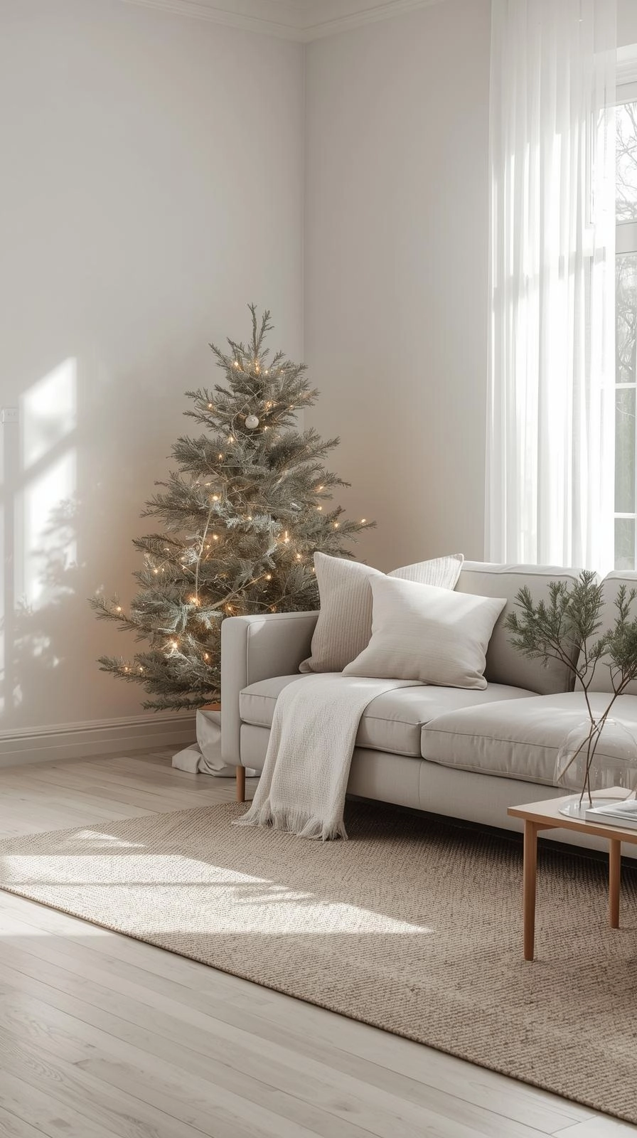 Minimalist Christmas decor living room with neutral tones, soft lighting, and simple natural holiday accents.