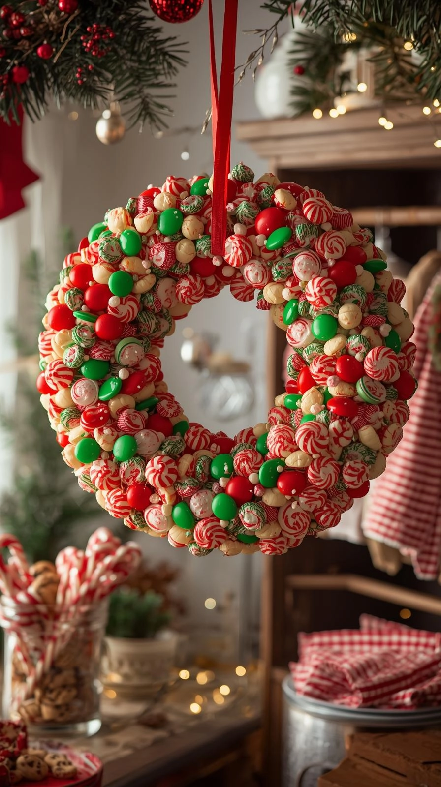 Colorful candy Christmas wreath made with peppermint sticks and sweets hanging in a festive kitchen.
