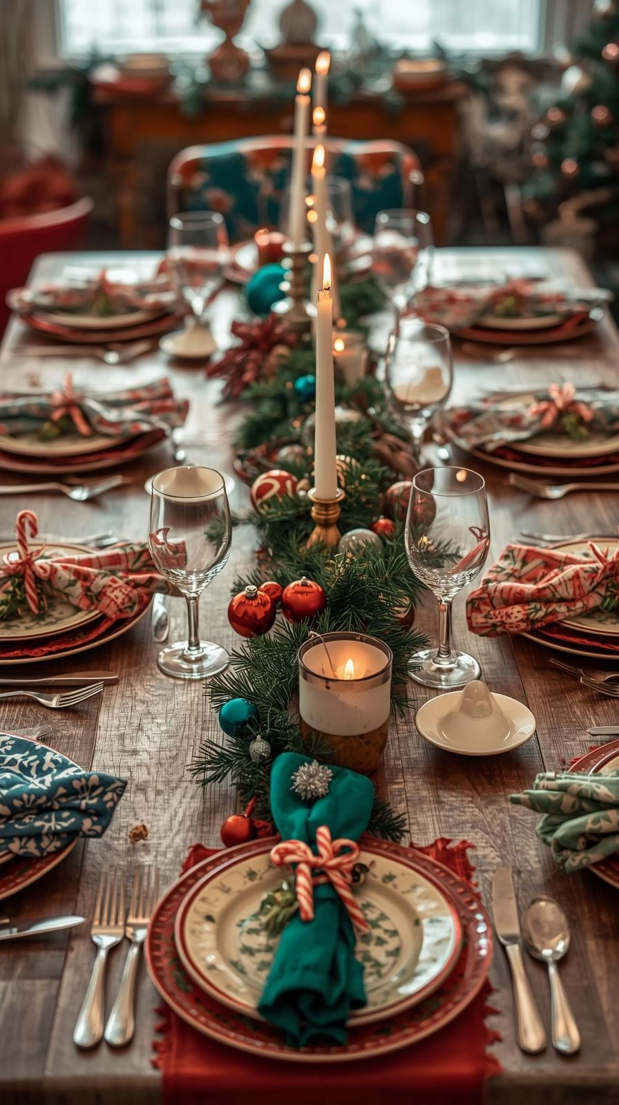 Playful family Christmas table settings with mismatched plates, patterned napkins, candy canes, and festive greenery for a joyful look.