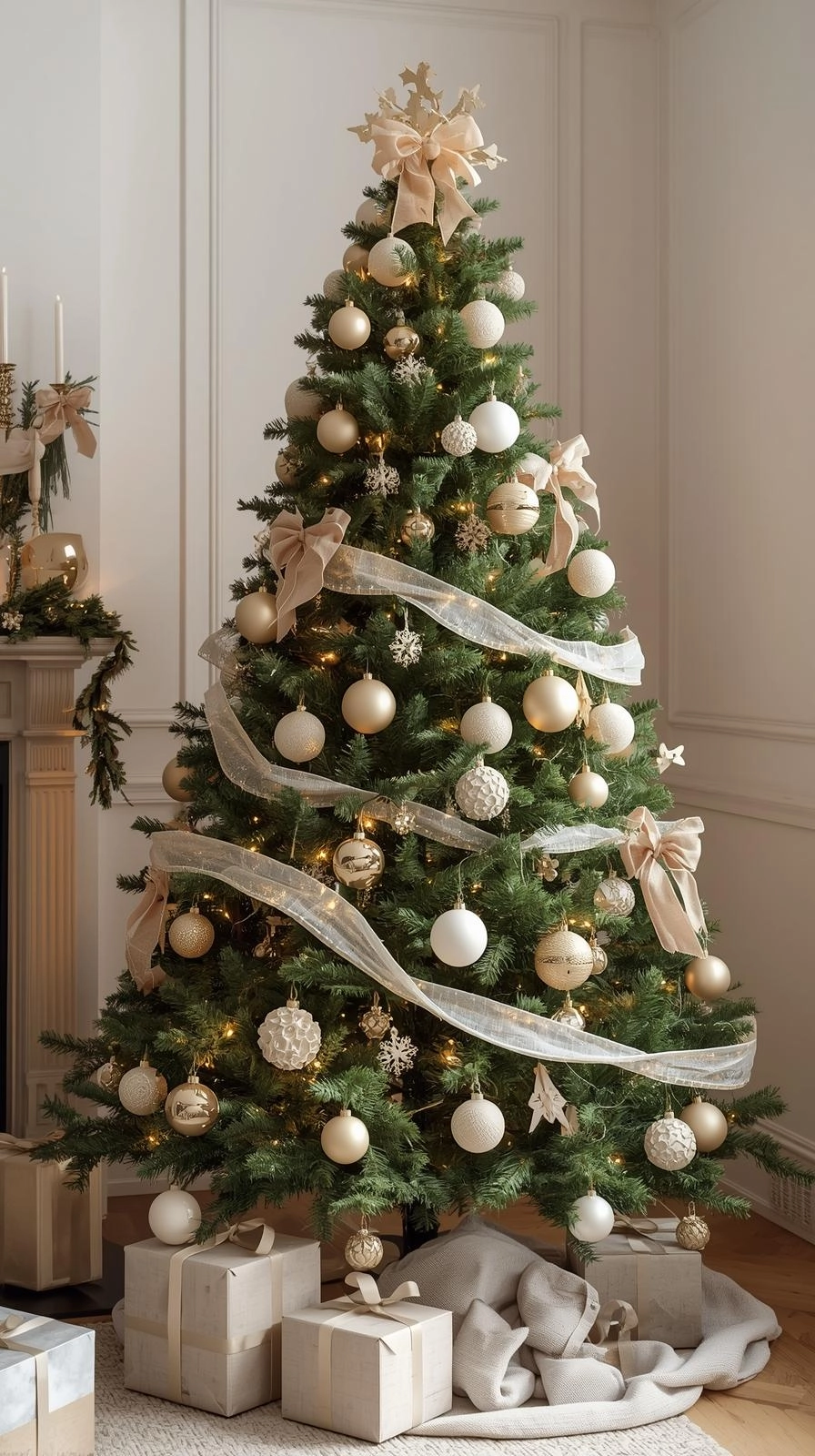 Elegant Christmas tree decorated in a refined gold and white palette with glass ornaments and velvet ribbons for a classy holiday look.