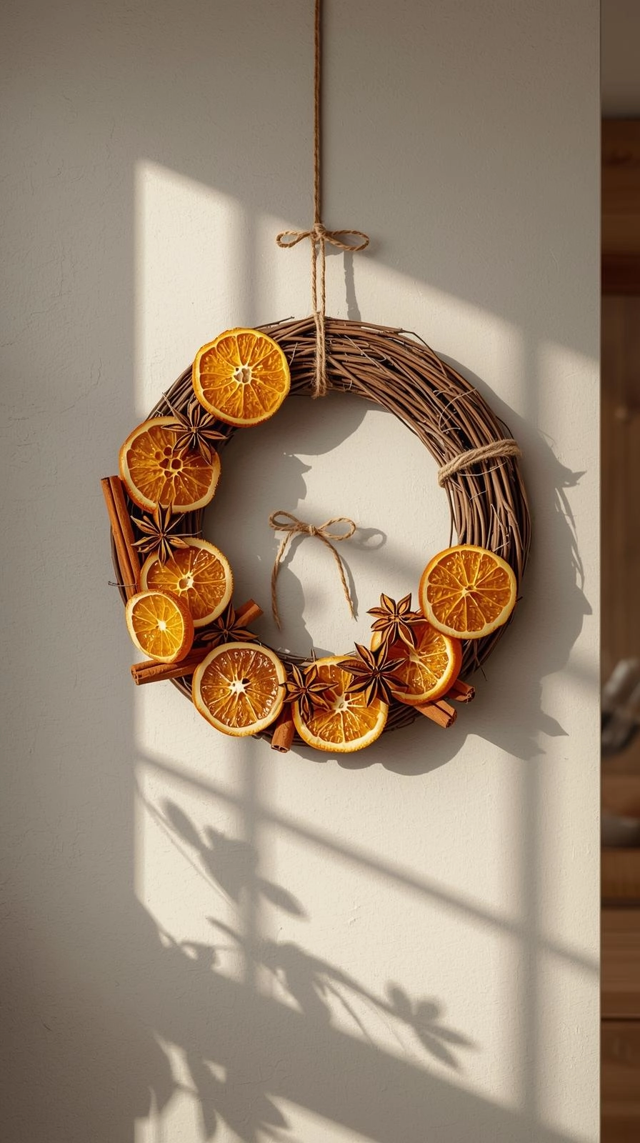 A handmade Christmas wreath made from dried orange slices, cinnamon sticks, and star anise on a grapevine base, hanging in a cozy kitchen.