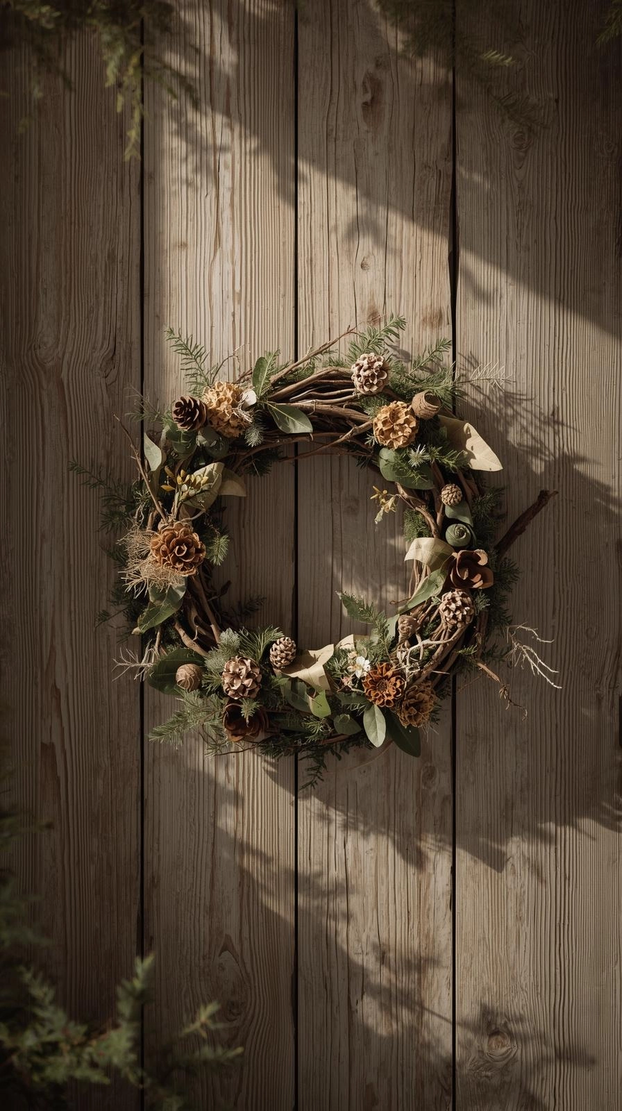 A handmade woodland Christmas wreath made of twigs, moss, pinecones, and dried flowers hanging on a natural wooden wall.