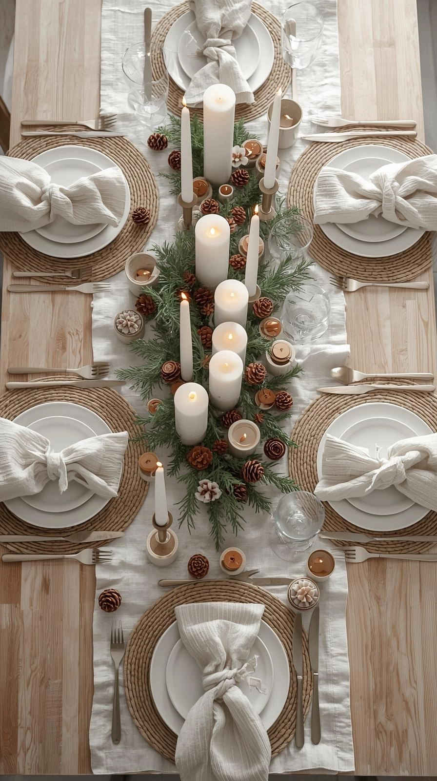 Scandinavian Christmas table settings with candles, pinecones, and light wood accents creating a warm minimalist holiday look.