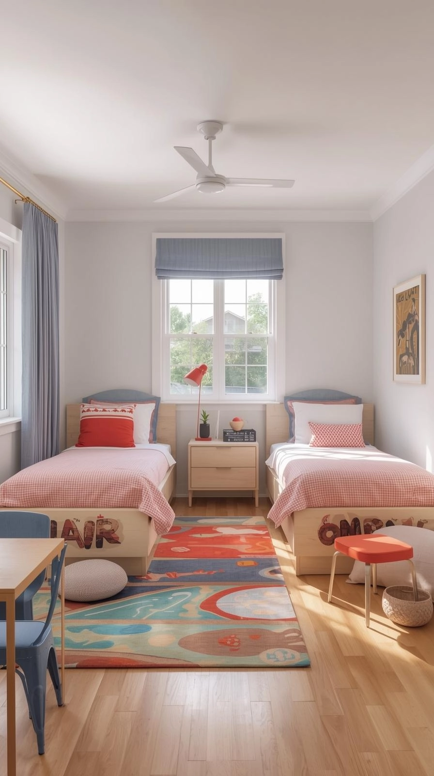 Small shared kids bedroom with L-shaped twin beds and open play space in a bright, modern room.