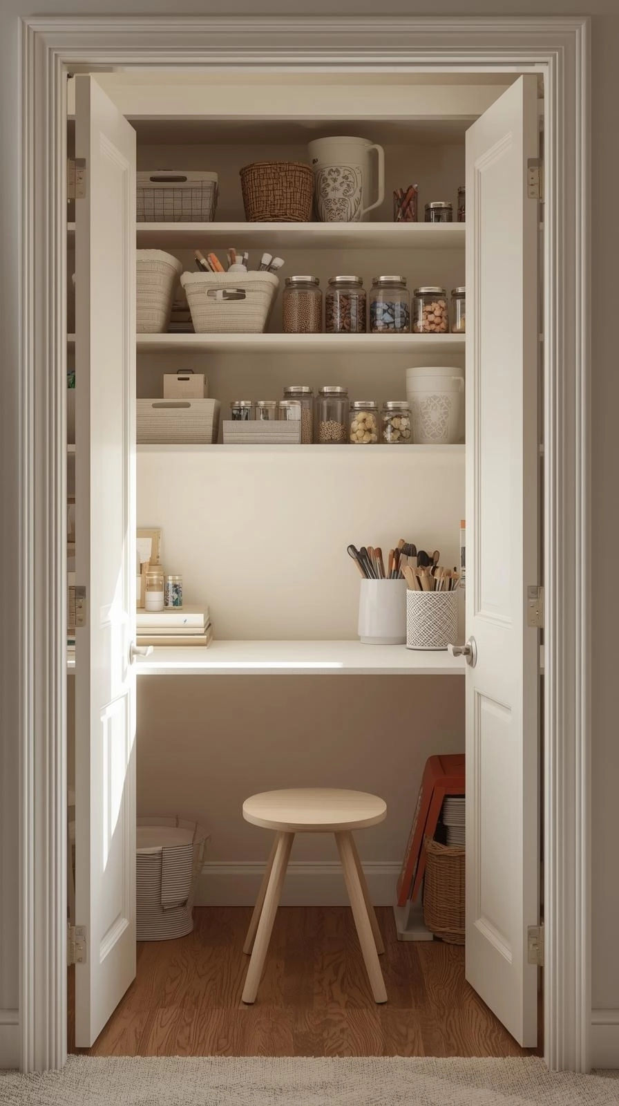 Small spaces dream craft room closet nook with shelves, fold-out desk, and organized craft supplies.