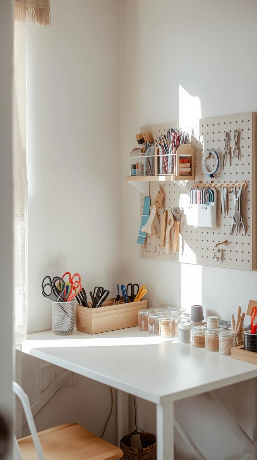 Small spaces dream craft room corner with white desk, pegboard, and organized craft supplies in natural light.