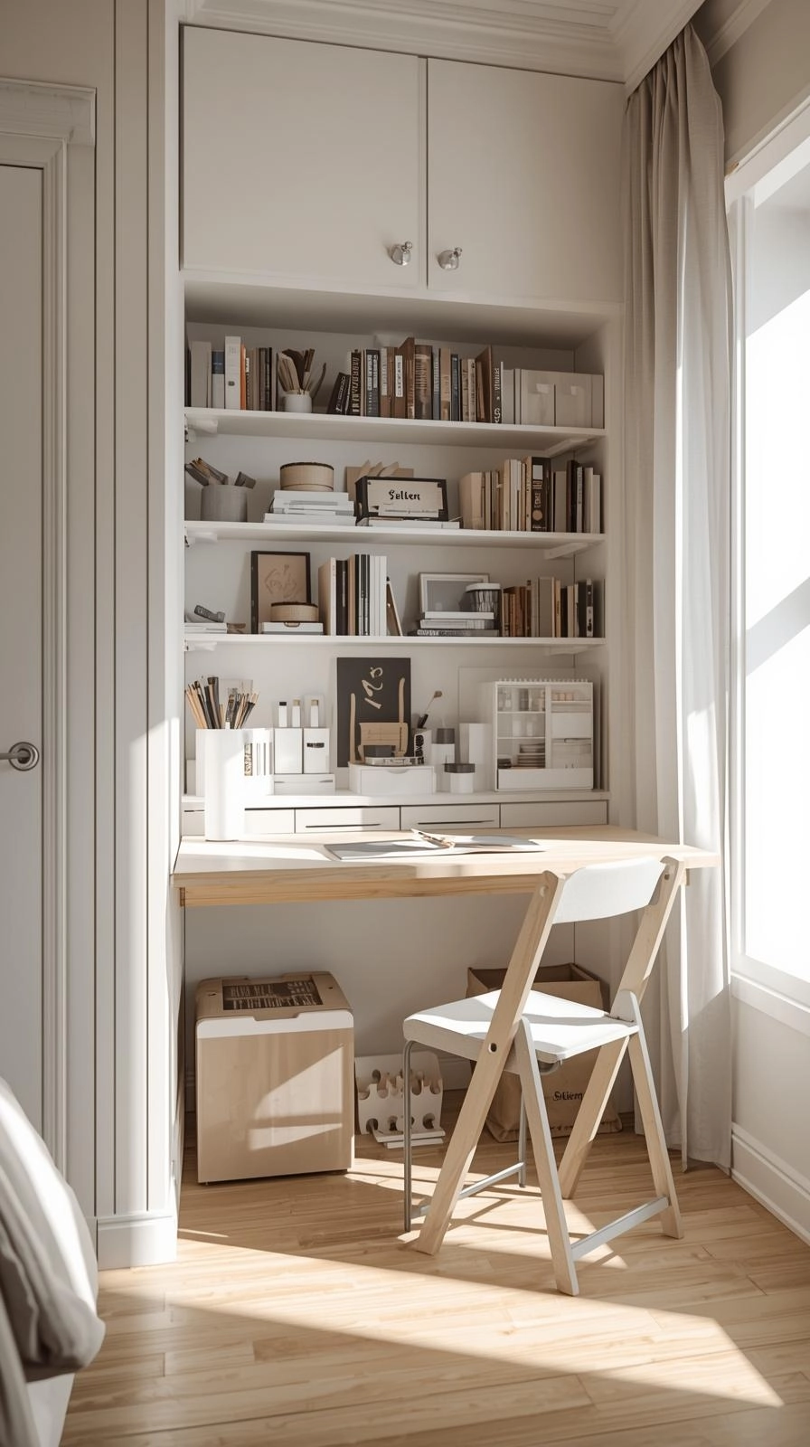 Small spaces dream craft room with foldable desk and chair in a bright multipurpose corner.