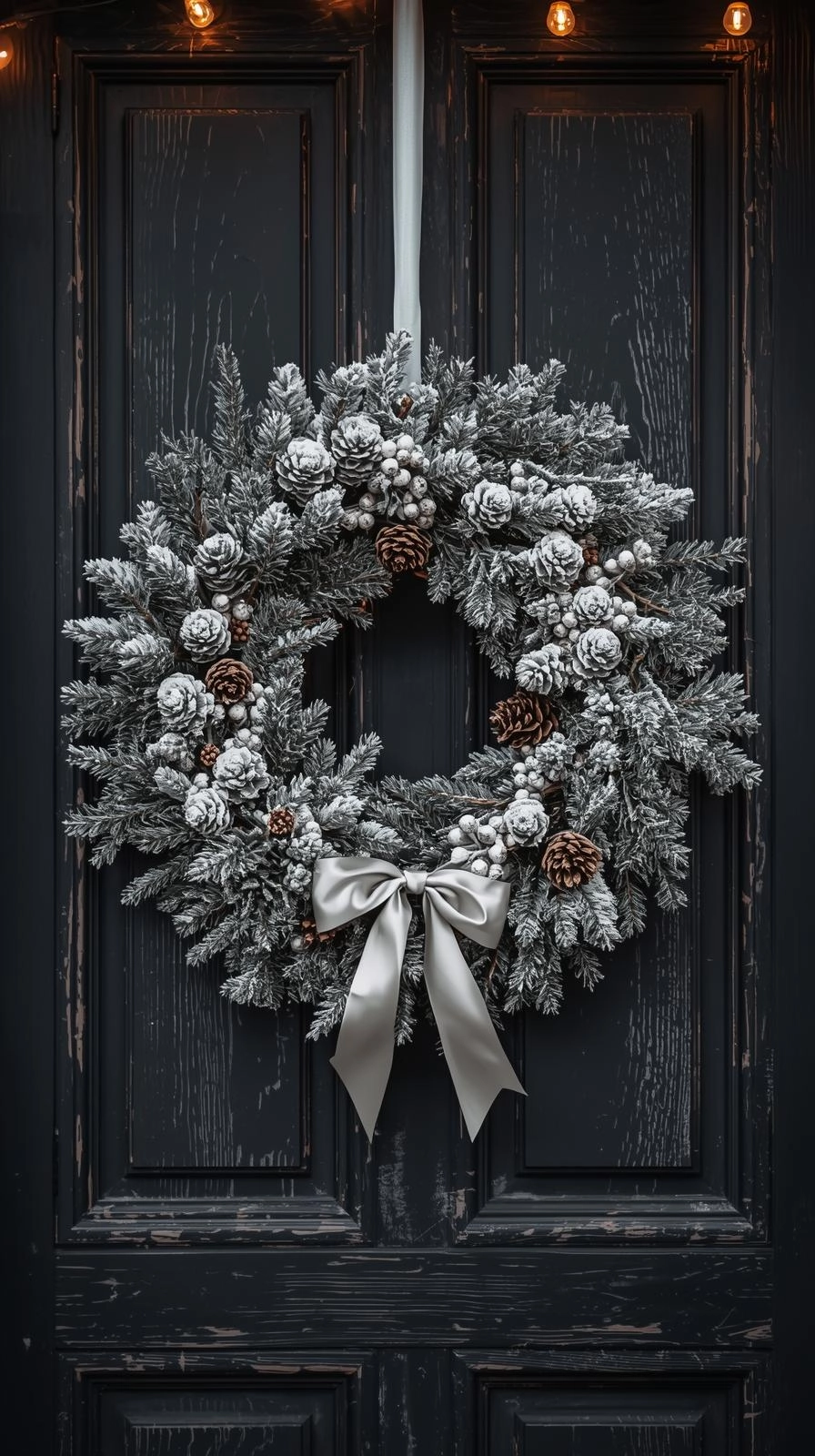 A frosted Christmas wreath with snow-dusted pine branches, white berries, and a silver ribbon hanging on a dark wooden front door.