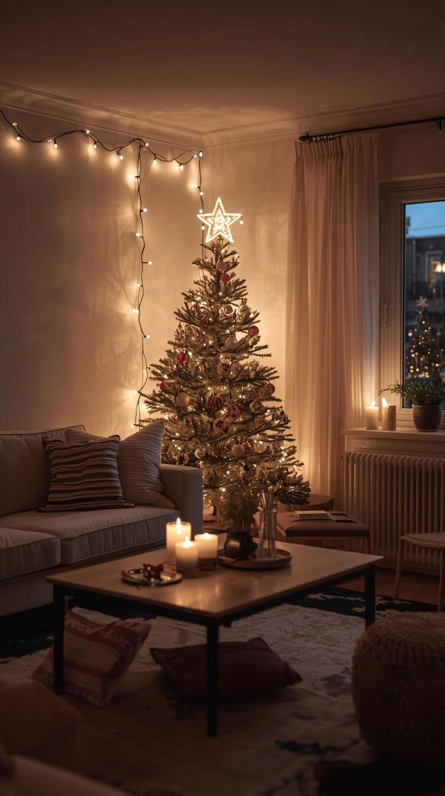 Minimalist Christmas living room softly lit with warm white string lights and candles creating a cozy holiday glow.
