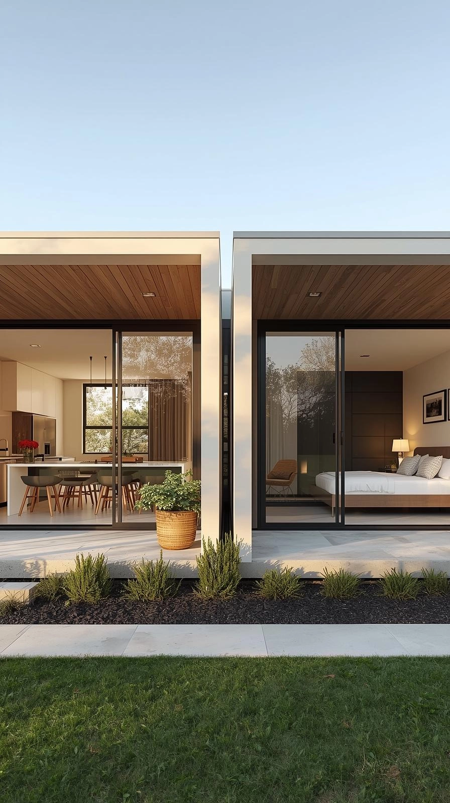 Modern split-wing 1 bedroom granny flat with living and bedroom wings connected by a covered walkway.