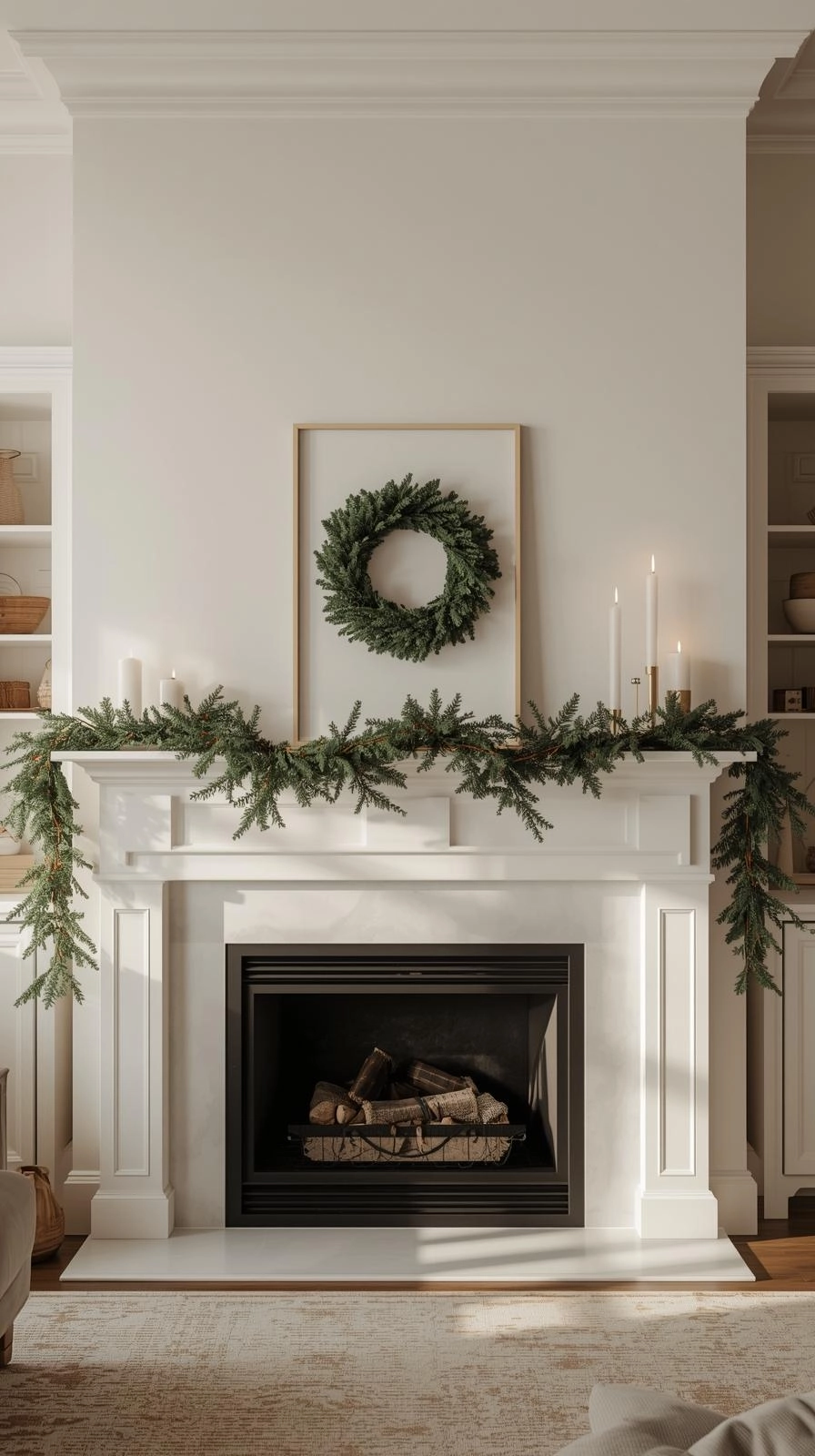 Minimalist Christmas mantel with a simple wreath, greenery, and candles arranged in a clean, balanced way.