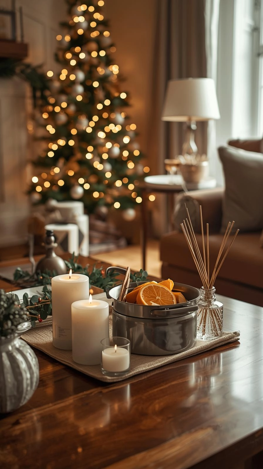 Elegant Christmas living room with candles, cinnamon simmer pot, and diffuser creating a cozy, classy holiday scent and sound ambiance.