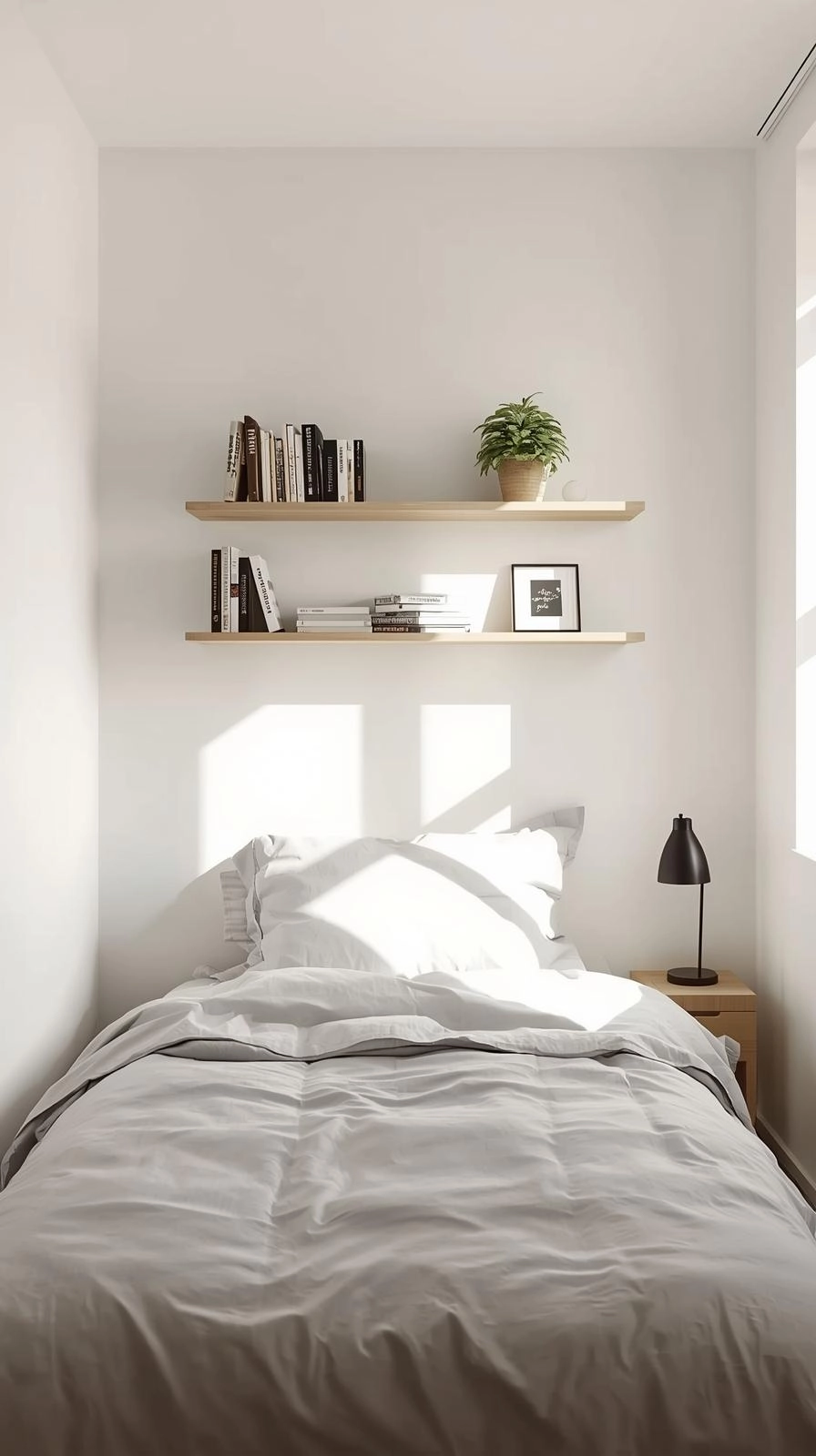 Small bedroom with a twin bed and wooden floating shelves above holding books, plants, and framed photos.