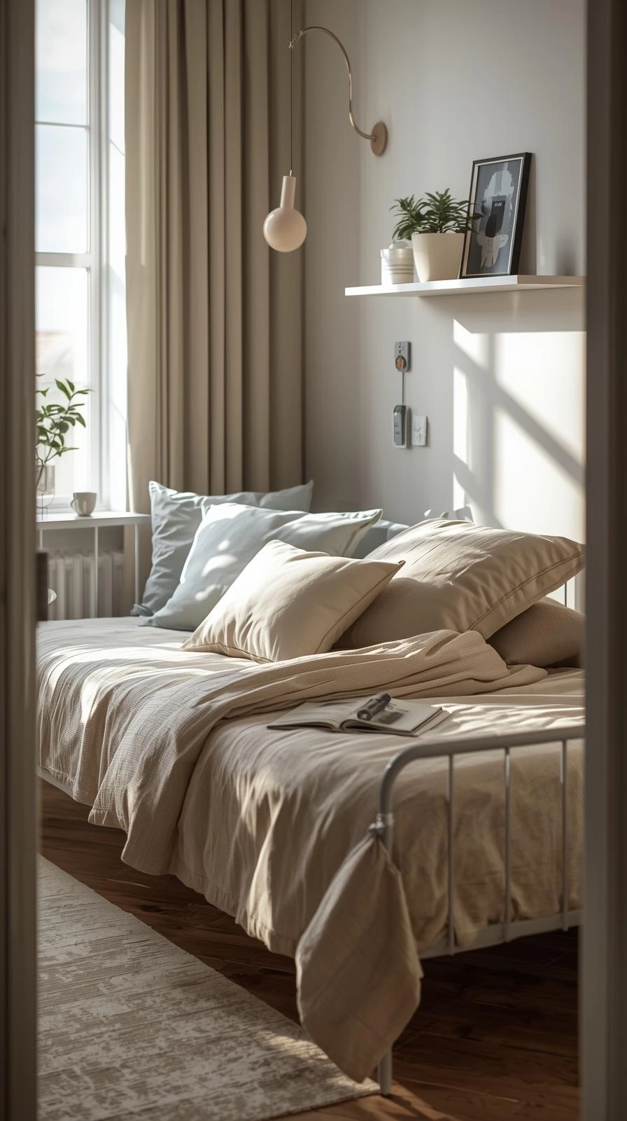 Small cozy room with twin daybed styled as sofa with layered pillows, showing flexible twin bed ideas for small room.