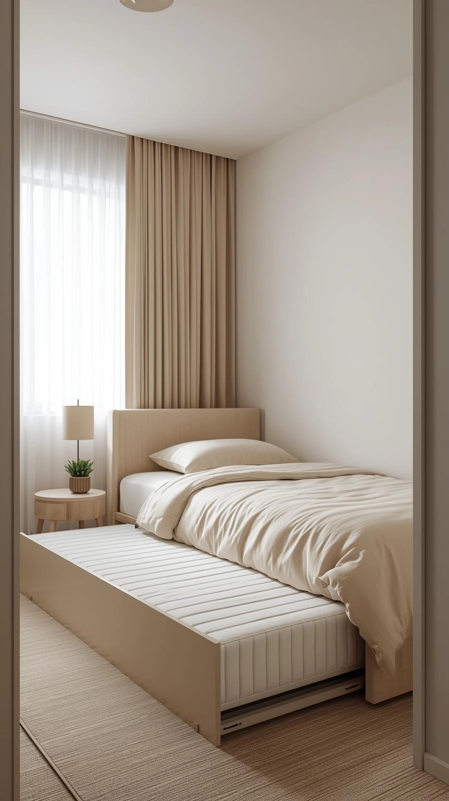 Small bedroom with a twin trundle bed and matching bedding, creating a clean, flexible setup for shared spaces.