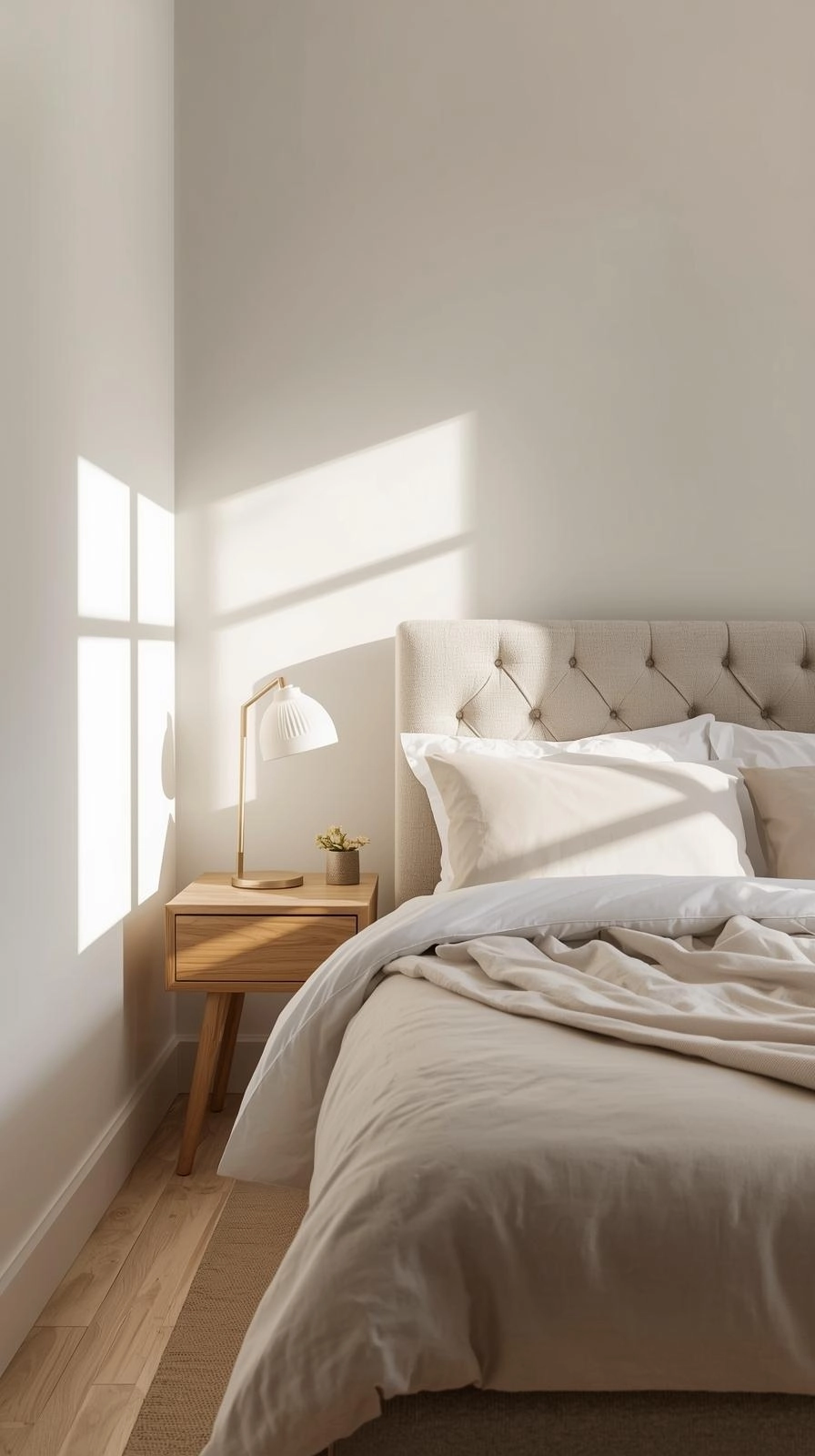 Small bedroom with a beige upholstered twin bed headboard, neutral bedding, and cozy minimalist decor.
