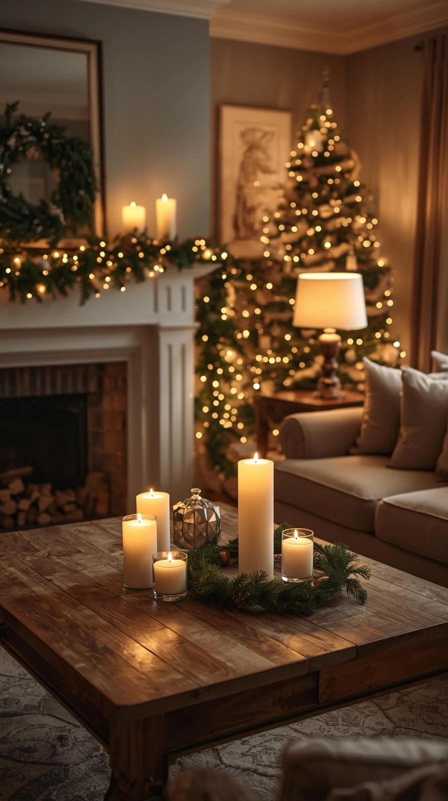 Elegant living room with warm golden fairy lights, candles, and soft lamps creating a cozy, classy Christmas decor atmosphere.
