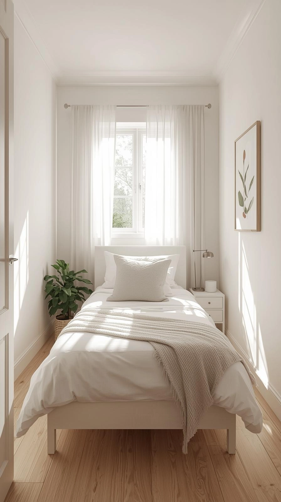 Bright small bedroom with white twin bed and soft linen bedding, showing clean and airy twin bed ideas for small room.
