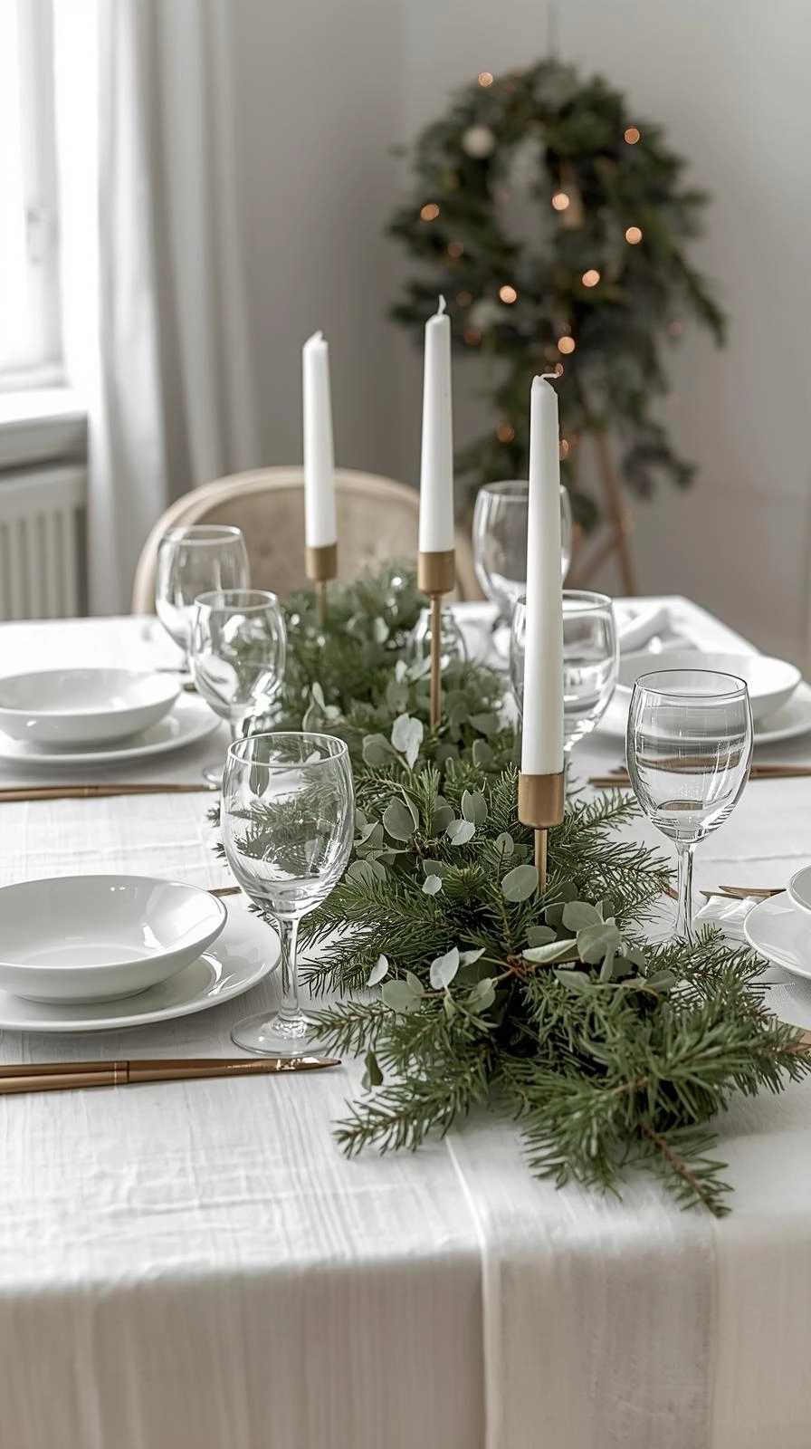 White and green Christmas table settings with natural garland, candles, and soft daylight for a calm festive atmosphere.
