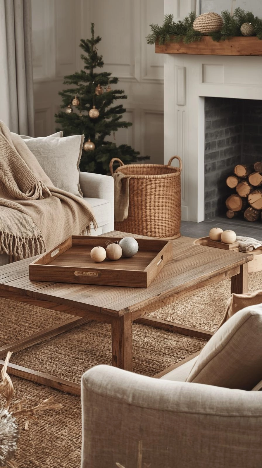 Natural Christmas decor with wood and woven textures featuring a wooden tray, wool blankets, and baskets near a cozy fireplace.