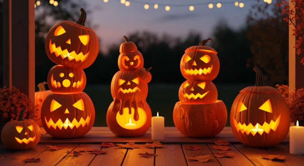 Crazy pumpkin carving ideas with creative and funny designs glowing on a porch at Halloween night.
