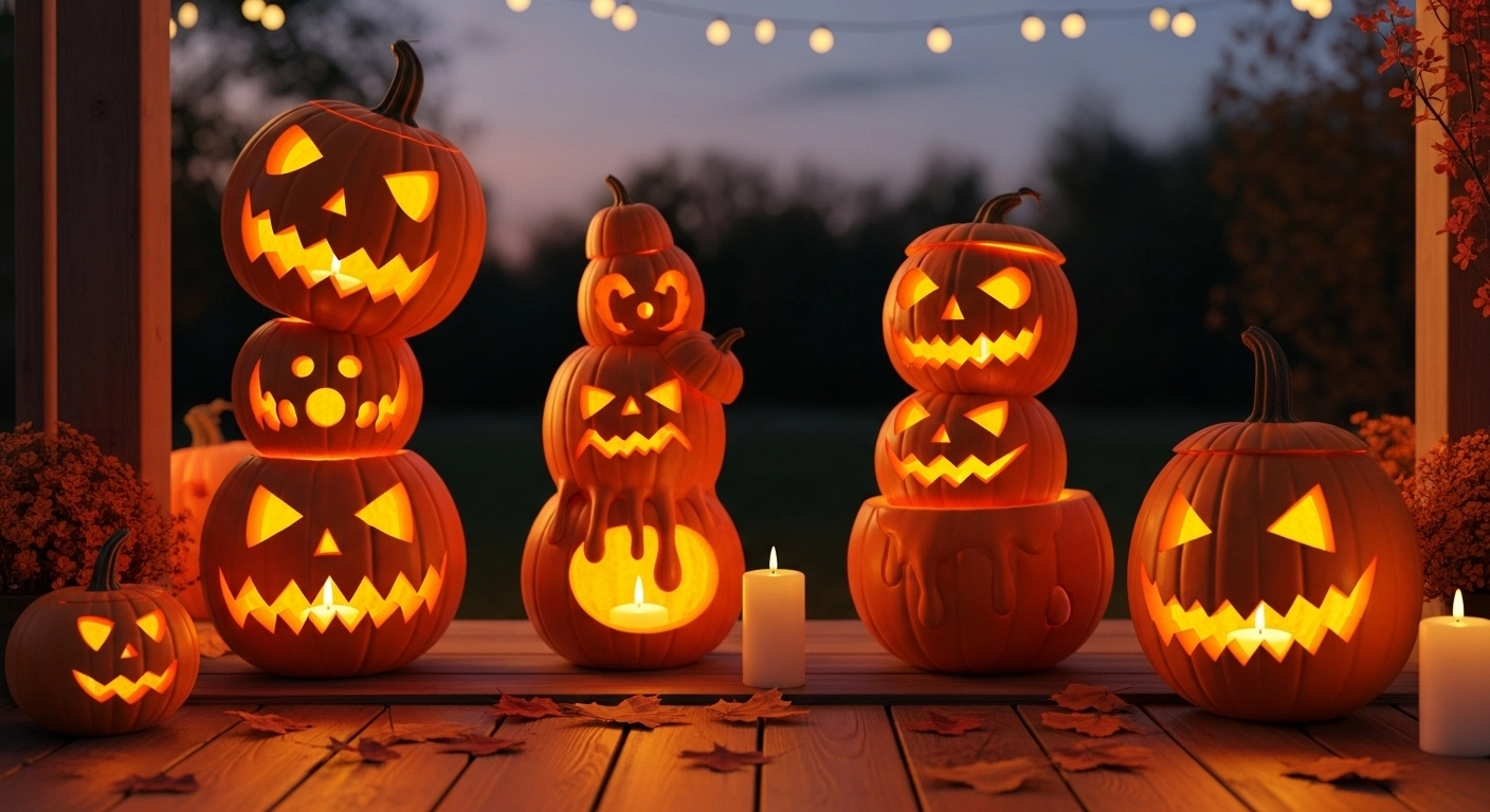 Crazy pumpkin carving ideas with creative and funny designs glowing on a porch at Halloween night.
