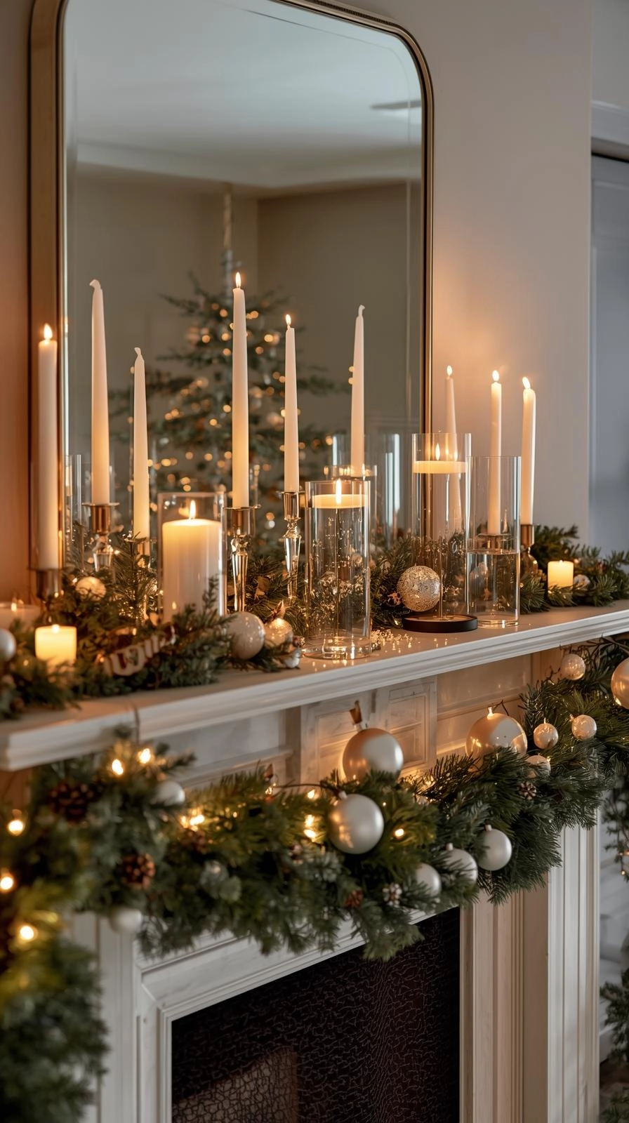 A cozy living room showcasing balanced Christmas mantel ideas with tall candleholders, garlands, and festive ornaments.
