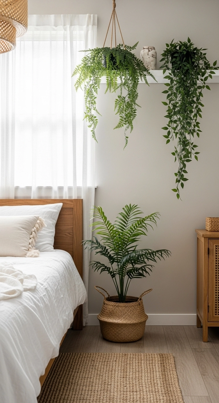 Boho coastal bedroom with greenery, including potted palms, hanging ferns, and trailing pothos for a natural touch.