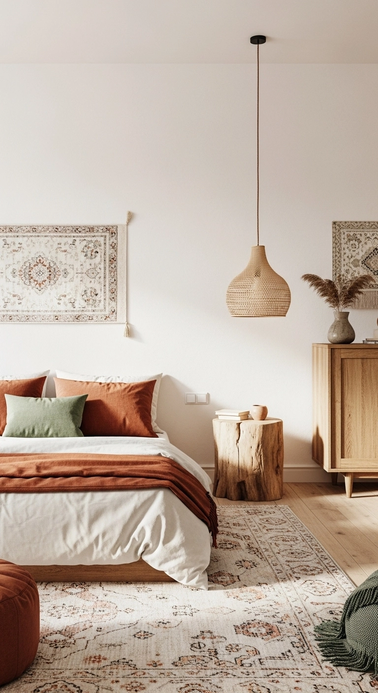Boho style bedroom with earthy colors, cream walls, rust pillows, and beige rug creating a calm, natural atmosphere.