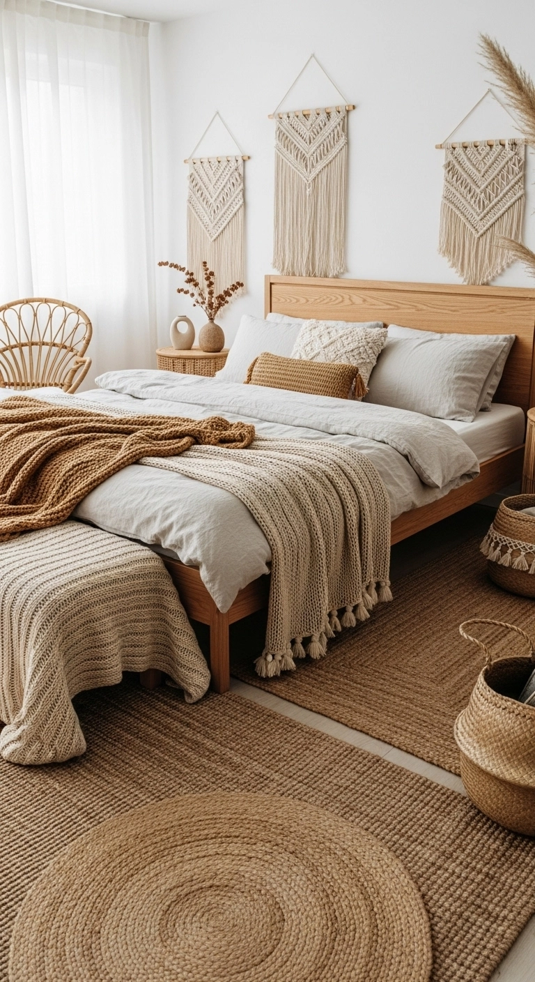 Cozy boho style bedroom with natural textures, linen bedding, jute rug, and wooden furniture for warm layered design.