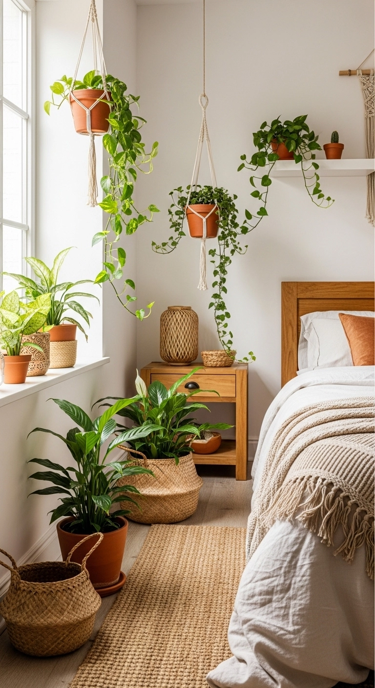 Boho style bedroom with indoor plants in terracotta pots, natural wood furniture, and earthy decor creating fresh energy.
