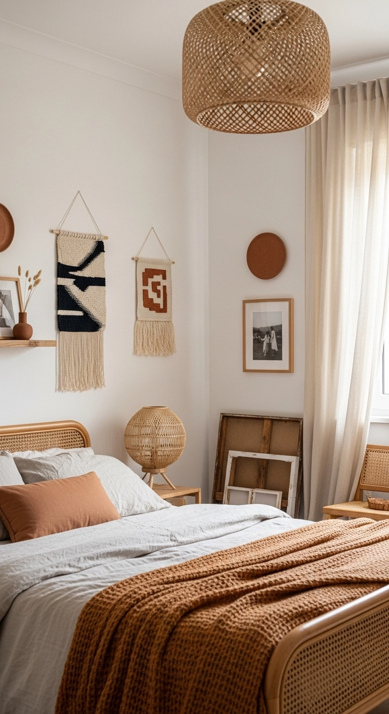 Boho style bedroom with woven wall hanging, macramé art, and personal photos creating warm, meaningful wall decor.