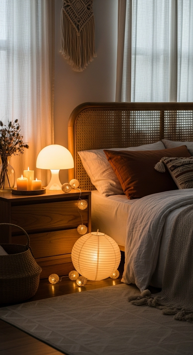 Boho style bedroom with soft lighting from lamps and string lights, sunlight through sheer curtains creating a cozy glow.