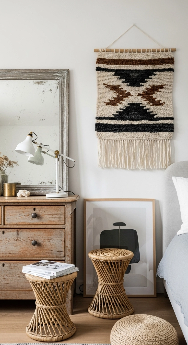 Boho style bedroom mixing vintage and modern decor with wooden furniture, woven wall art, and warm natural textures.